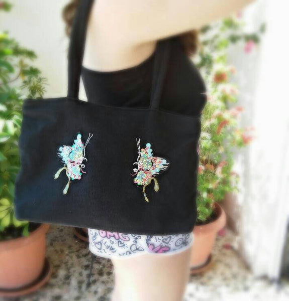 Black tote butterfly bag/ boho shoulder bag/ hippie bag/ black shoulder bag/ boho butterfly handbag/ boho handbag/ boho purse/ black purse