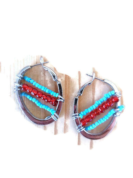 Tribal red and blue silver hoop earrings/boho earring/hippie earrings/tribal hoops/silver earrings/boho hoop earrings/hippie hoop earrings