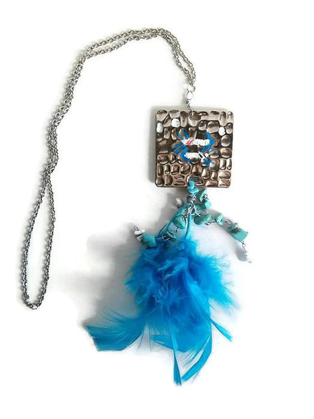 Square feather necklace/boho necklace/large pendant square necklace/Arrows square necklace/blue feather necklace/one of a kind necklace