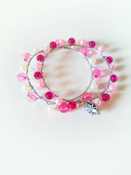 Boho pink bead wire wrapped bangles set,bangles set, hippie bangles set,pink bangles,pink bangle bracelet set,pink boho bracelet set