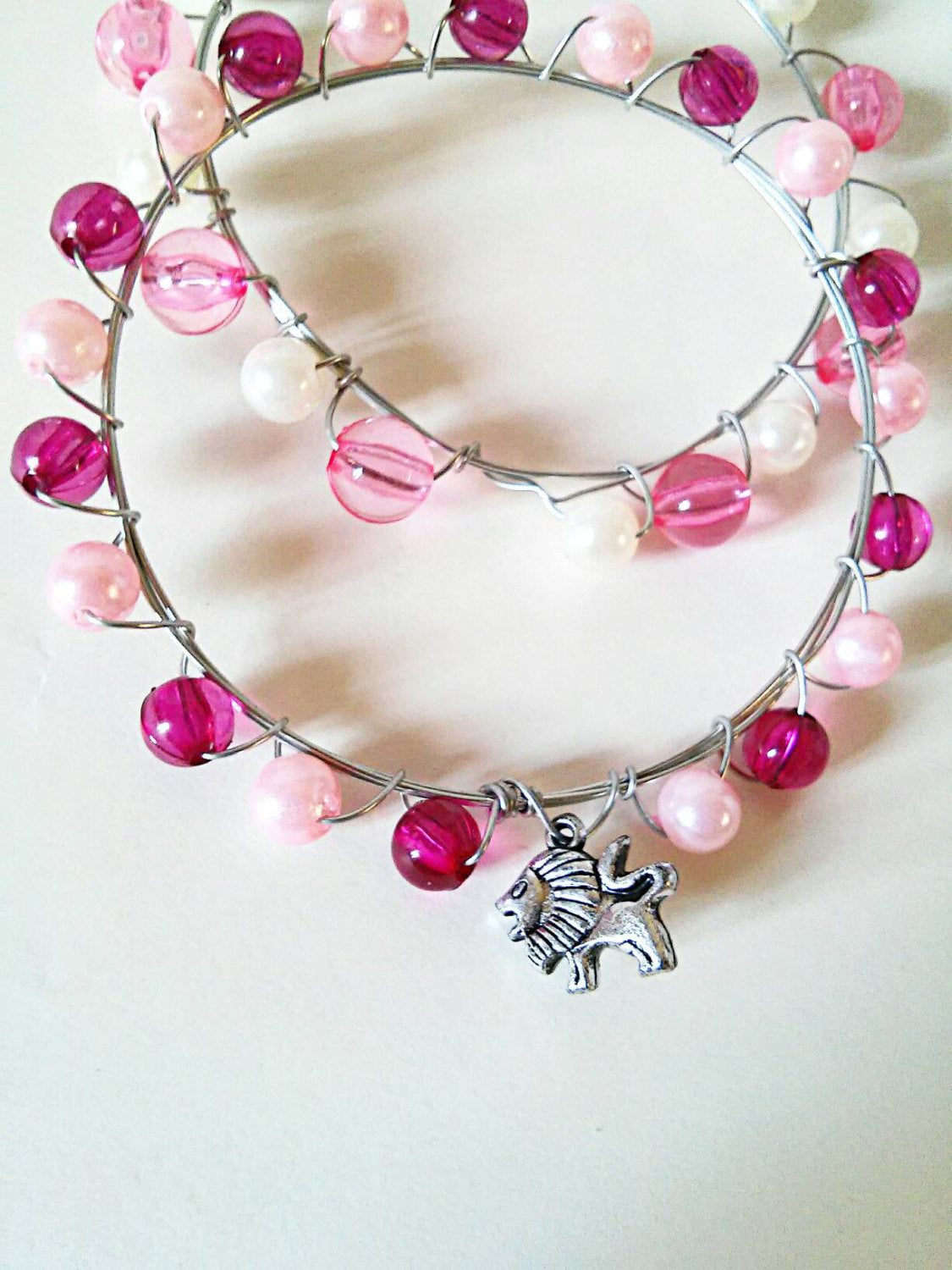 Boho pink bead wire wrapped bangles set,bangles set, hippie bangles set,pink bangles,pink bangle bracelet set,pink boho bracelet set