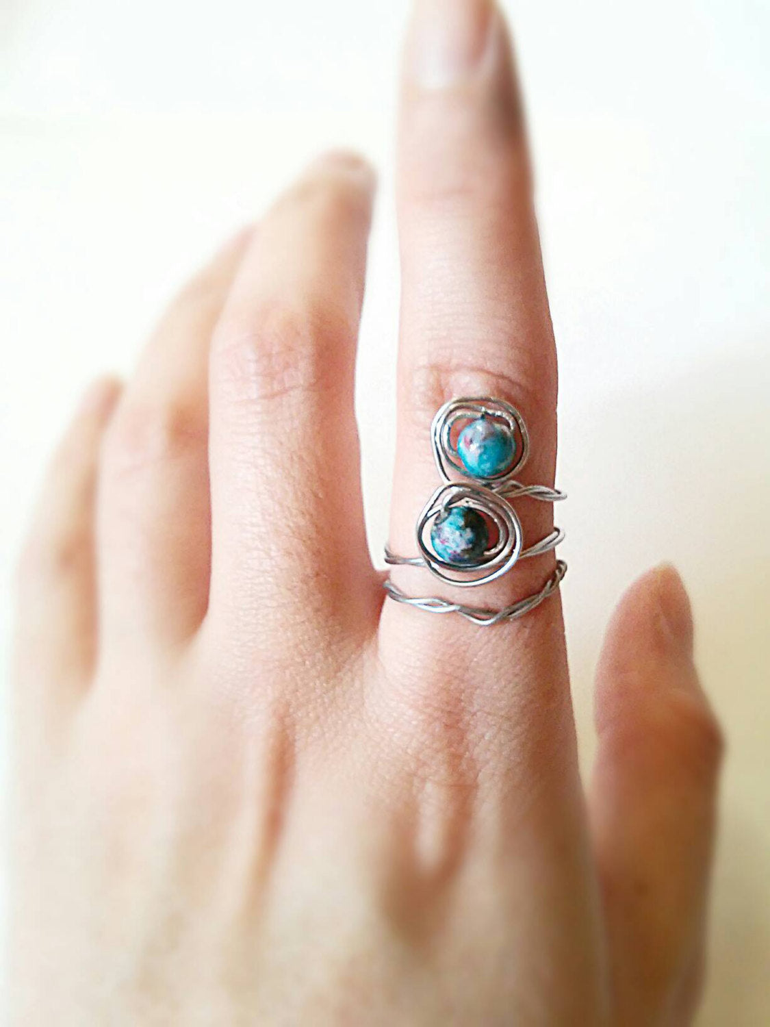 2 Boho stone stackable ring set/double stone ring/hippie ring/silver boho ring set/hippie stone ring/adjustable ring/boho ring gift for her