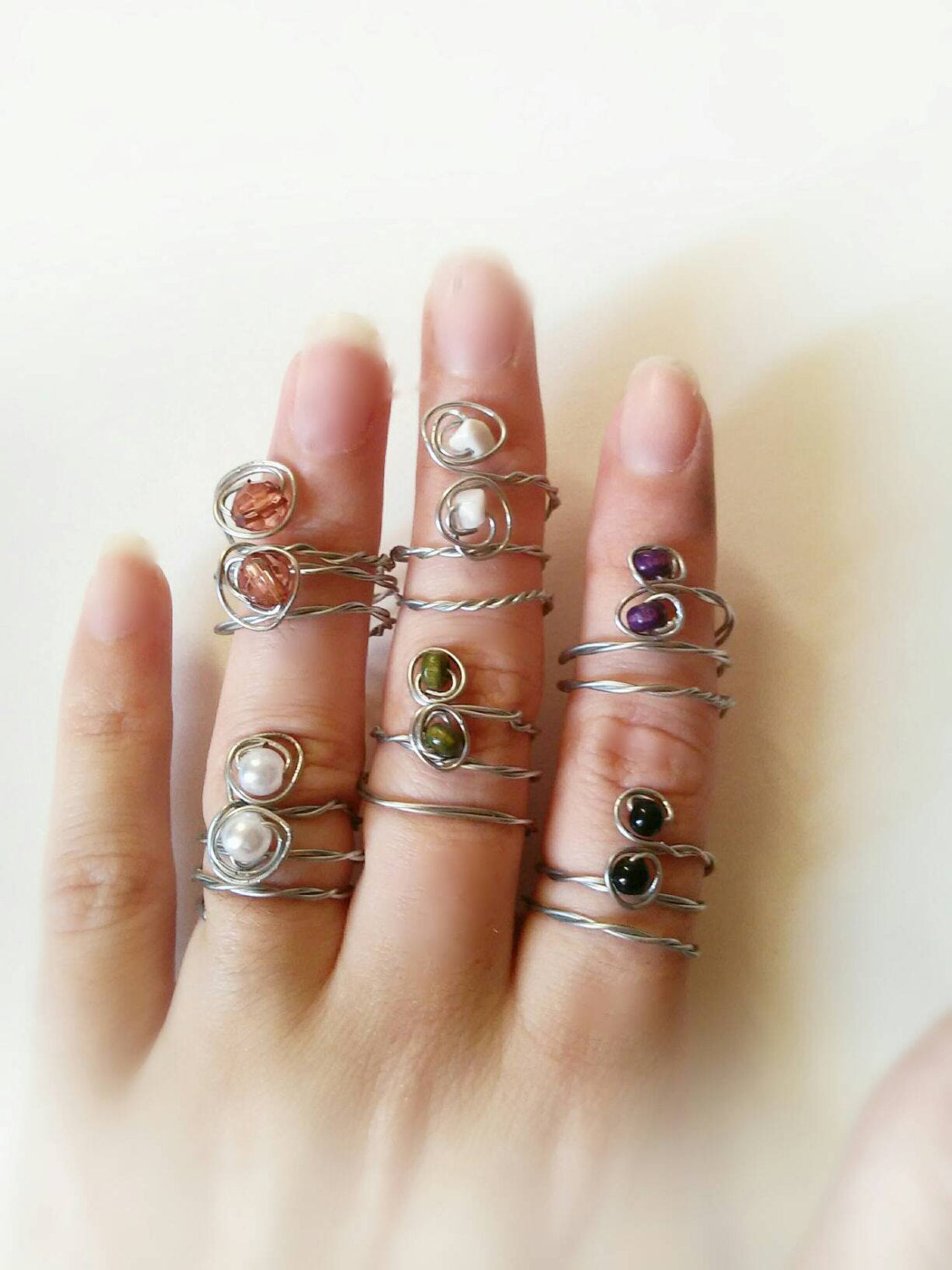 2 Boho stone stackable ring set/double stone ring/hippie ring/silver boho ring set/hippie stone ring/adjustable ring/boho ring gift for her