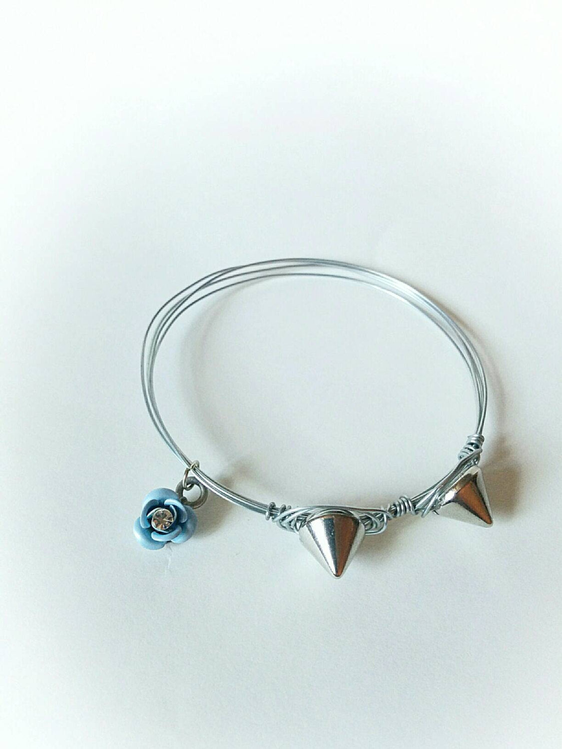 Boho spike bangles with blue rose/ silver spike bangles/wire wrapped bangles/hippie cat ear bangle/boho gift for her/bohemian gift bracelet