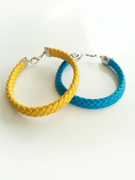 Boho blue and yellow leather bracelets, blue leather bracelet, thick bracelet, yellow bracelet, boho blue bracelet, hippie bracelet