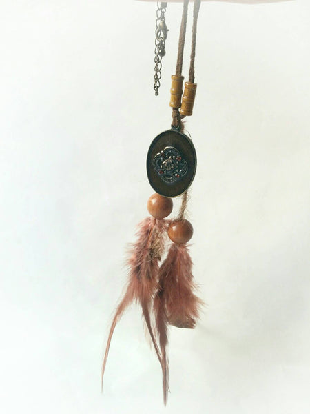 OOAK boho feather pendant necklace, feather pendant, hippie brown pendant, boho birthday gift, bohemian gift for her, leather pendant gift