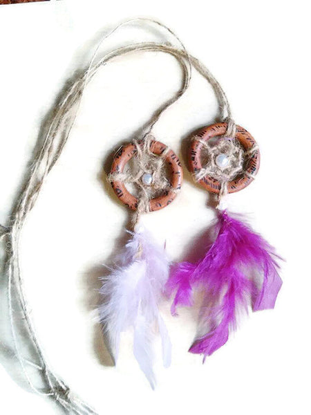 Dreamcatcher purple necklace/ long necklace/ pink feather necklace /boho dreamcatcher necklace/ festival necklace/ burned wood necklace