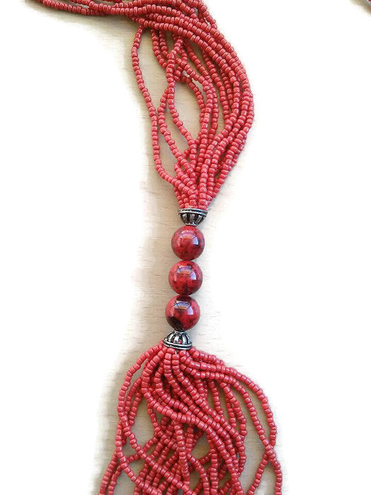 Multistrand boho red long necklace/hippie long birthday gift necklace/multistrand necklace/boho red necklace/red beaded necklace