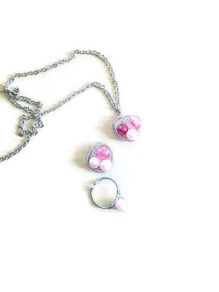 Boho pink pearls nest necklace set/bohemian pink ring/pink pearl ring/boho nest necklace/pink ring/hippie /pink necklace/boho gift for her