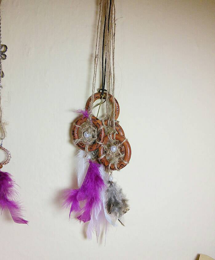 Dreamcatcher purple necklace/ long necklace/ pink feather necklace /boho dreamcatcher necklace/ festival necklace/ burned wood necklace