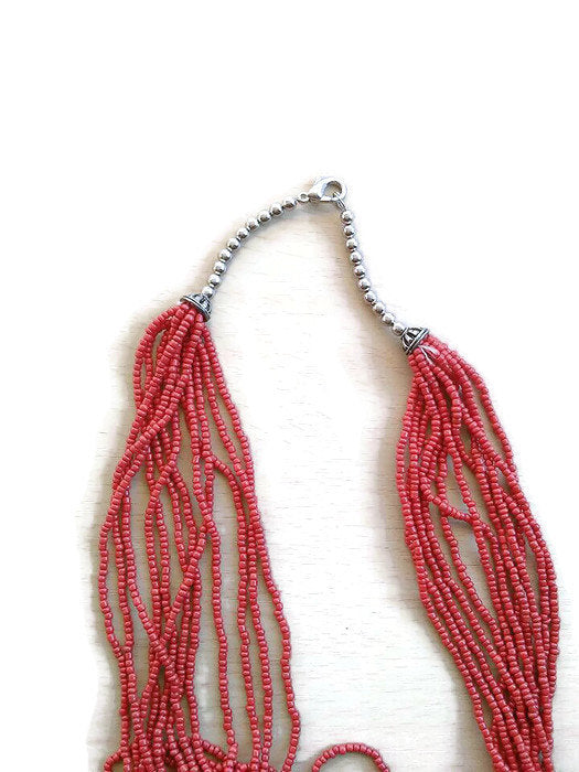 Multistrand boho red long necklace/hippie long birthday gift necklace/multistrand necklace/boho red necklace/red beaded necklace