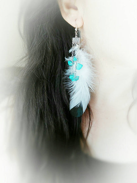 Single white boho feather earring/feather earring/boho earring/bohemian/single earring/blue turquoise stone earring/white feather earring